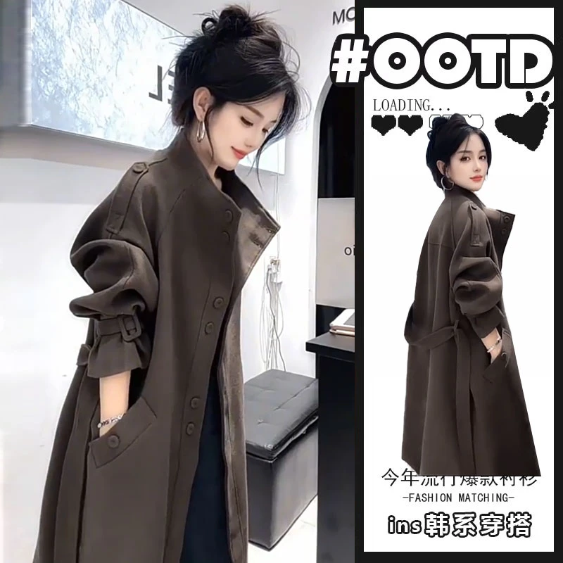 咖色长款立领风衣外套女秋季大码胖mm气质通勤高级感复古宽松大衣