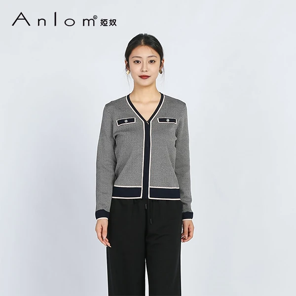 Anlom/娅奴【商场同款】25针织条纹宽松格子毛针织衫短款芭蕾风韩系