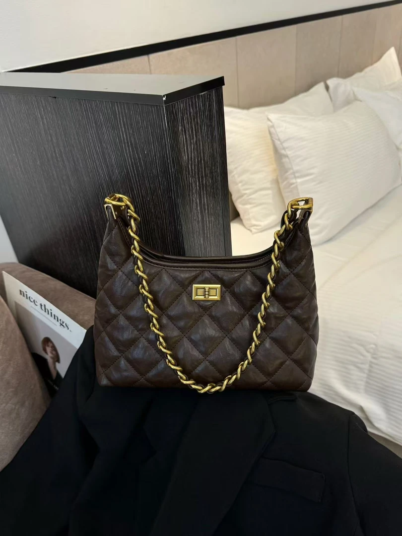 无品牌小香风菱形格新款大容量手拎斜挎单肩腋下休闲时尚百搭女包