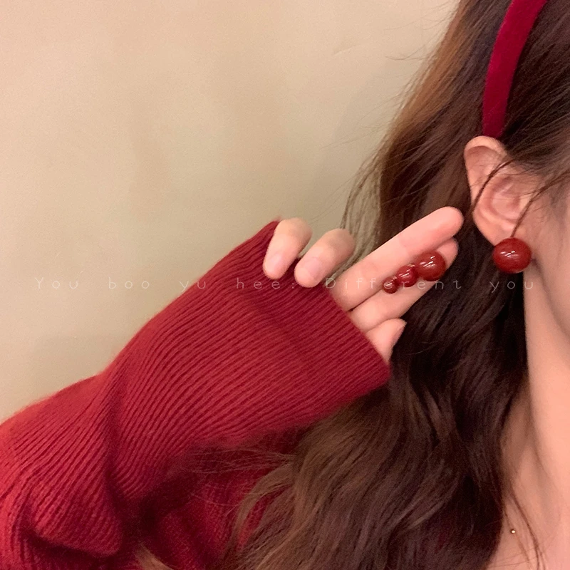 铜合金树脂耳饰 红色豆豆珍珠耳钉高级感耳环2025新款爆款耳饰