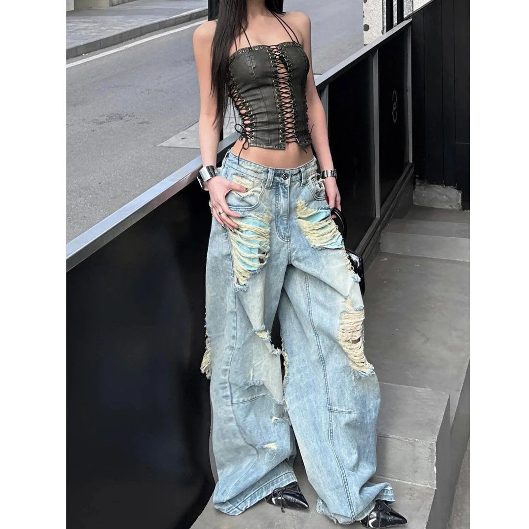 高个子加长美式高街设计感破洞牛仔裤女夏季辣妹风做旧水洗阔腿裤