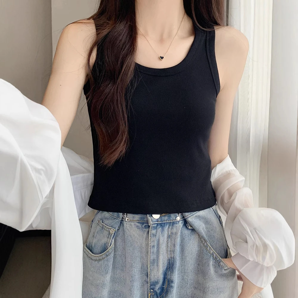 螺纹棉方领背心女夏季薄款打底内搭针织无袖上衣百搭显瘦西装吊带