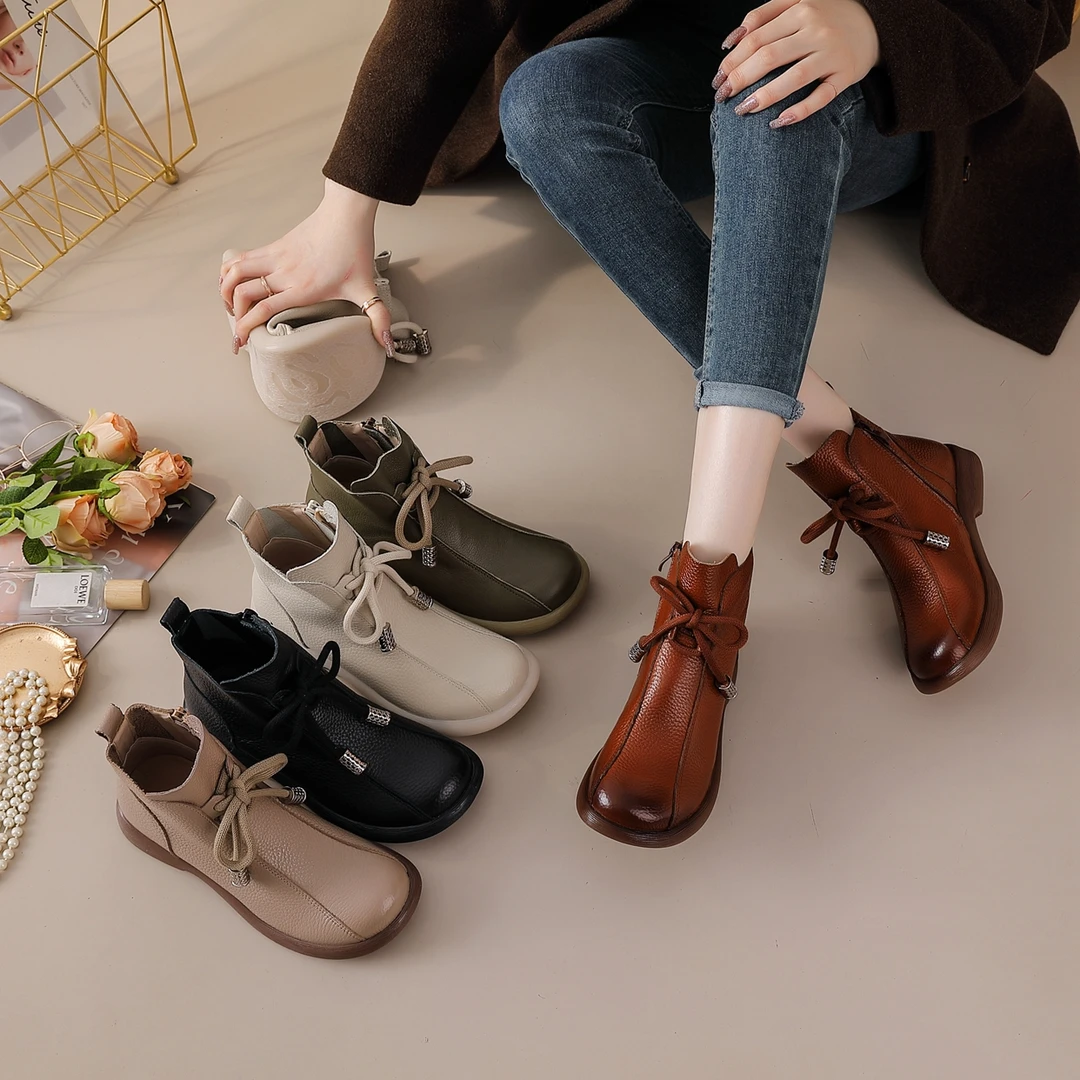 头层牛牛皮圆头短筒休闲舒适胶粘女马丁靴英伦风百搭女鞋平底靴子