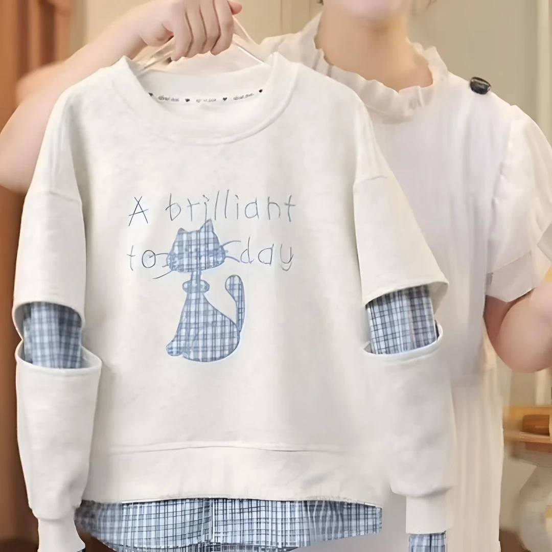 女大童格子拼接卫衣2025新款春秋初中生假两件刺绣卡通打底衫上衣