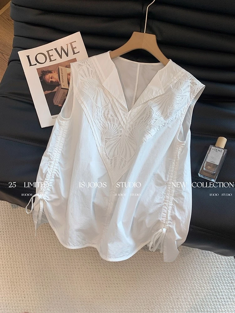 老钱风白色刺绣Polo翻领亚麻无袖背心女夏设计感侧边抽绳休闲衬衫