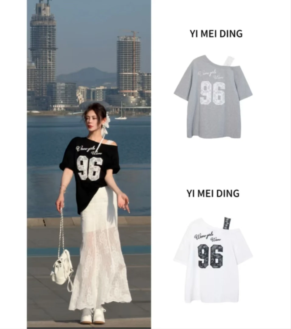 1TX07依美丁时尚96刺绣数字蕾丝露肩百搭短袖T恤+蕾丝鱼尾半身裙