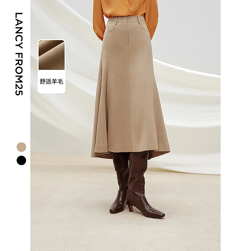 朗姿羊毛a字半裙设计感2025年春新款中长款黑色高级感鱼尾半身裙