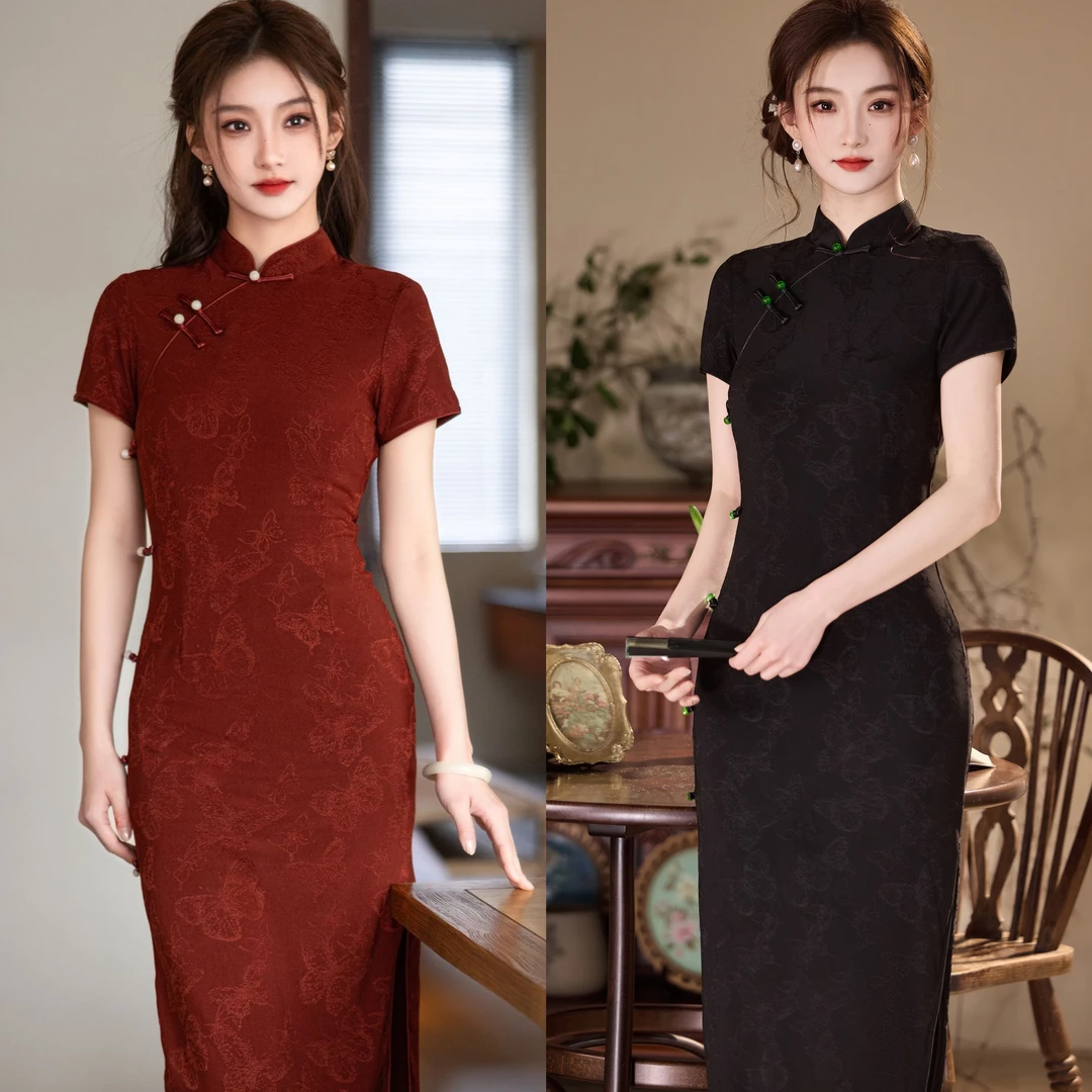 【红窗影】2025春款新出炉针织提花中国风改良红黑双色旗袍 衣长120