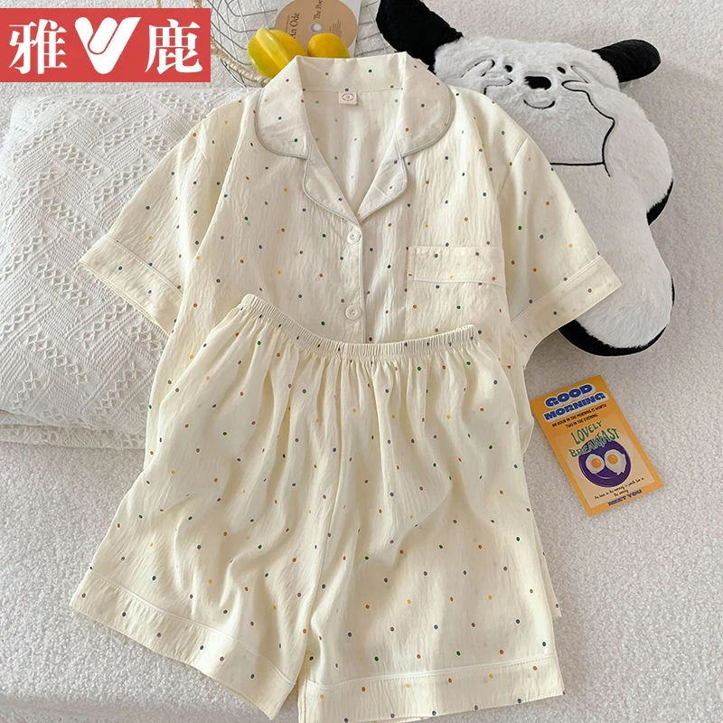 雅鹿甜美ins风云朵棉睡衣女夏季薄款短袖短裤少女感可外穿家居服
