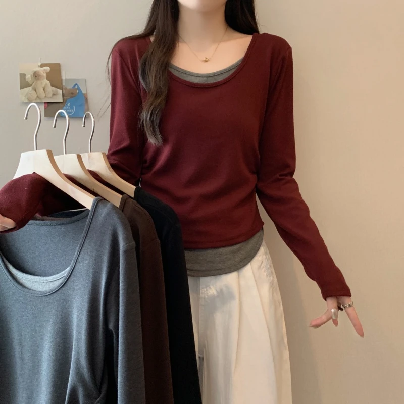 假两件拼接T恤女减龄显瘦撞色长袖韩版2025秋季新款修身炸街女装