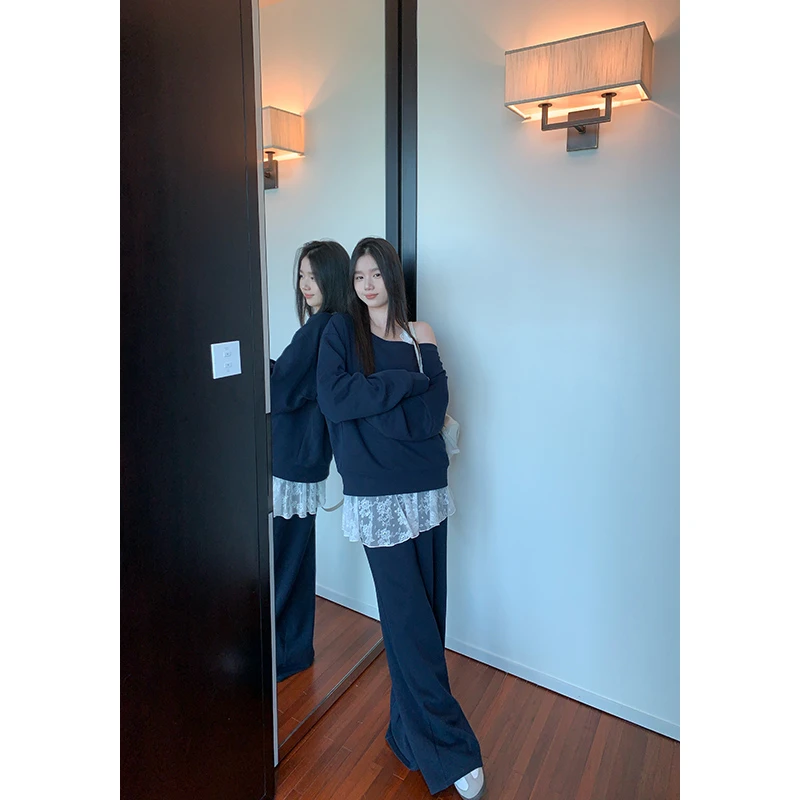 王少女的店【现】藏青色斜领卫衣休闲裤两件套 R24421S43 K24422S43