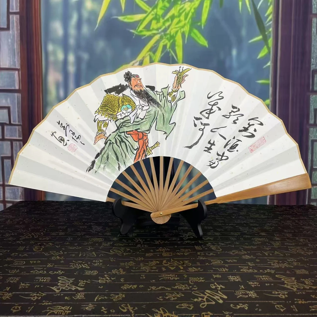 手绘醉酒关二爷十寸十五方头青油竹文玩折扇