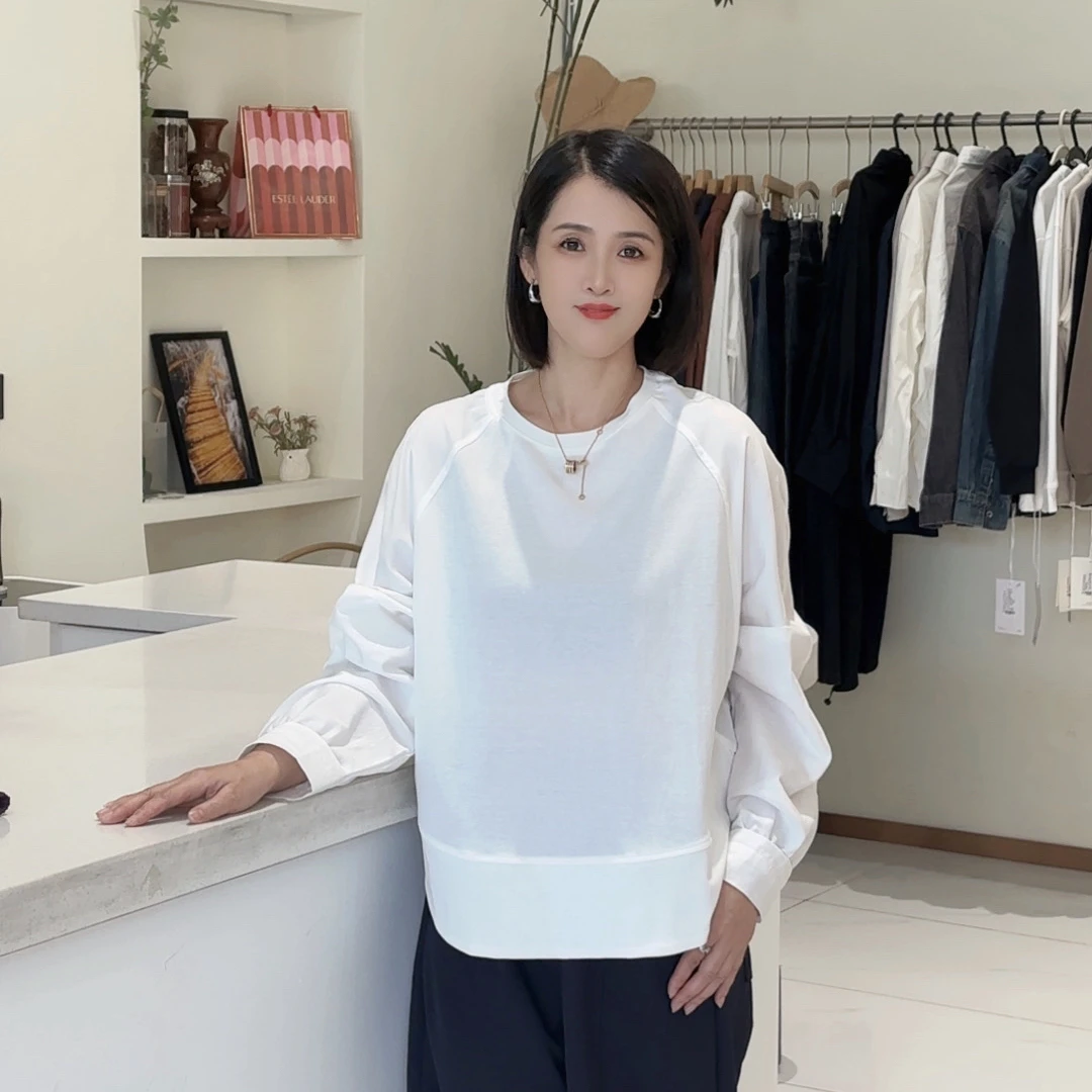 【心依阁铭品】2576显瘦极简韩系慵懒风宽松百搭拼接套头T恤