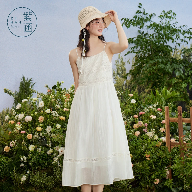紫涵薄款吊带连衣裙女法式白色高腰中长裙Z4Z04ZS449