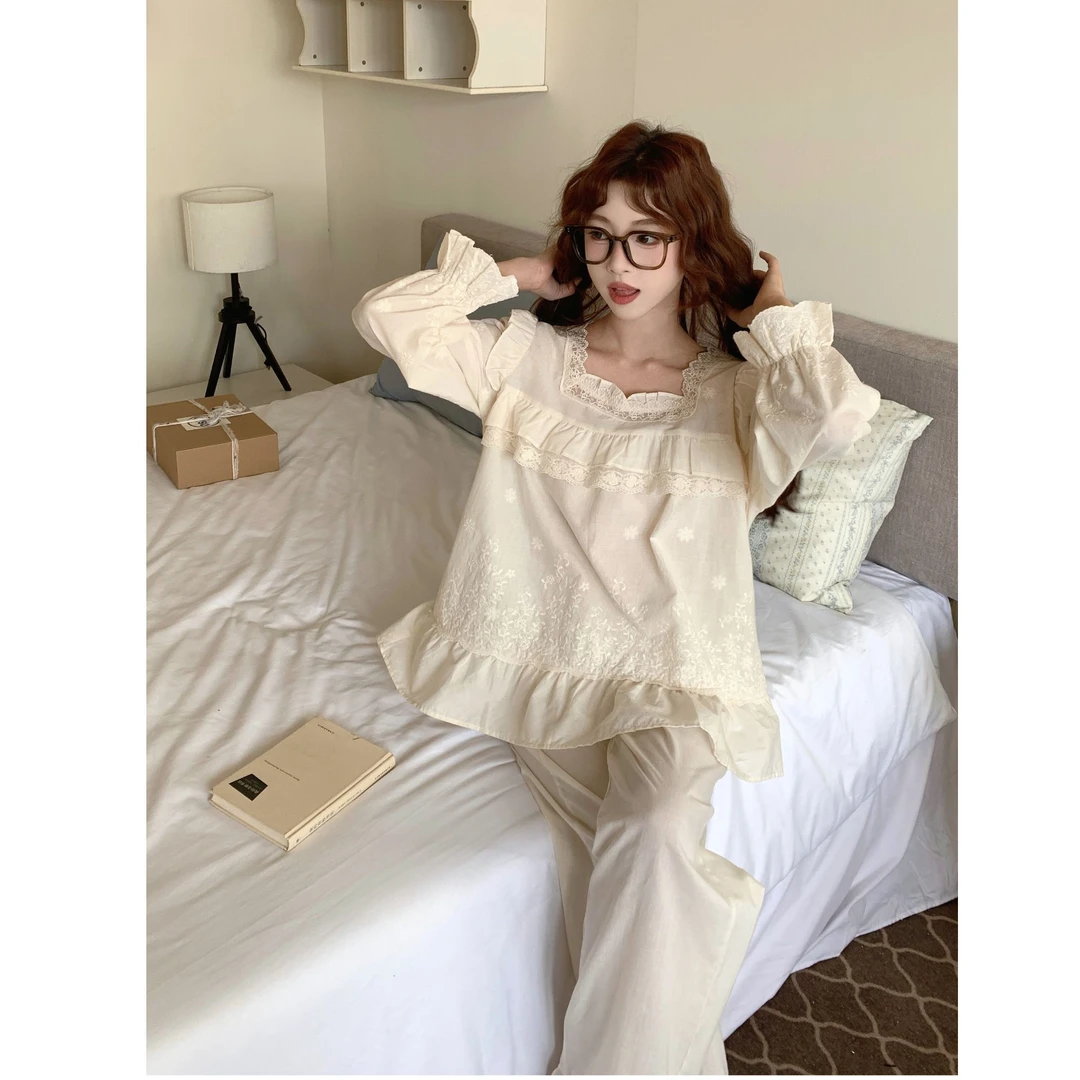 【野子家】韩国PRP品牌/蕾丝甜美纯色纯棉睡衣长袖长裤家居服839