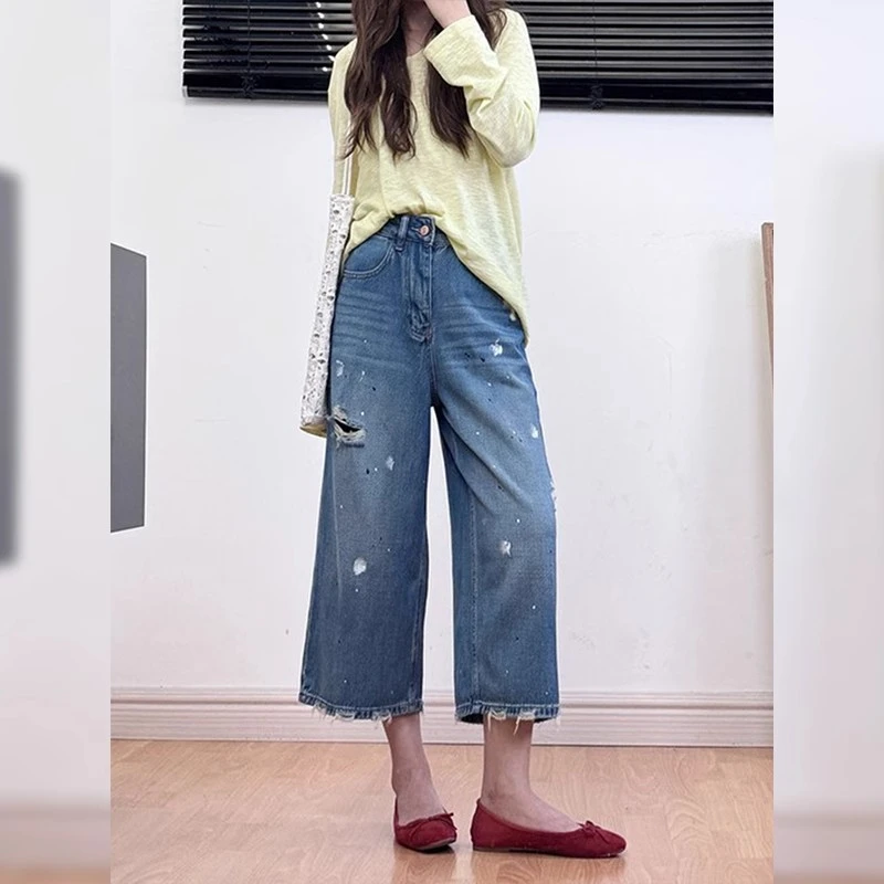 泼墨破洞七分牛仔裤女2025年夏季薄款大码胖mm高腰垂感直筒阔腿裤