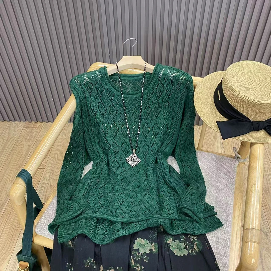 圆领镂空套头长袖针织衫钩花纯色百搭复古文艺上衣女Z99615
