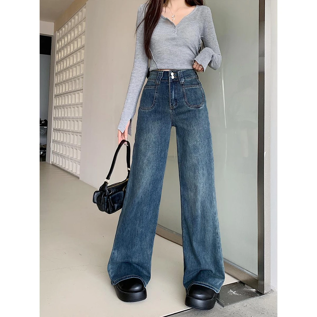 不贴腿微喇裤高腰牛仔裤子女2025春季新款宽松显瘦长裤子-7397