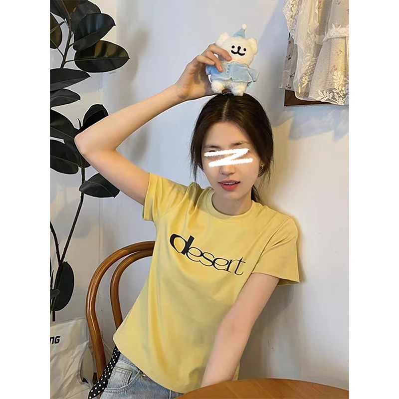 MosesQueen/魔西女王字母印花黄色正肩短袖t恤修身显瘦时髦上衣