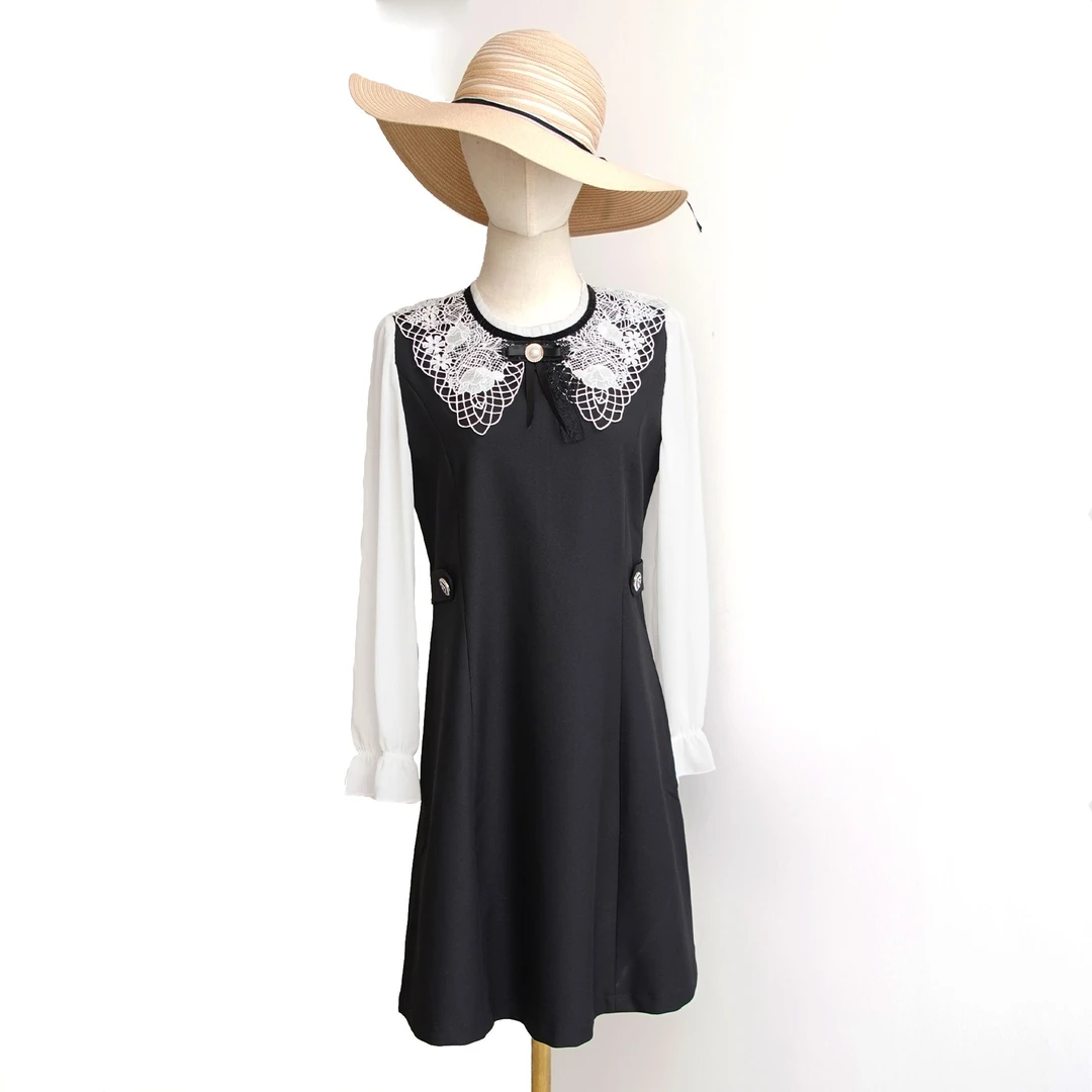 E1056 时尚黑色高级感蝴蝶结蕾丝娃娃领气质连衣裙