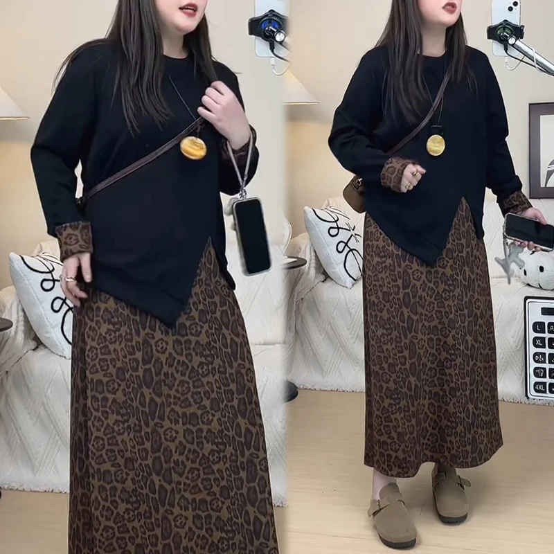 2025秋季新款显瘦长袖T恤+豹纹半身裙套装女网红流行两件套