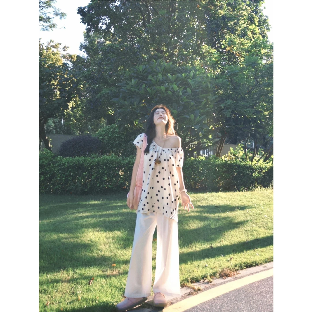 夏装搭配一整套女新款小个子穿搭波点上衣阔腿裤减龄盐系两件套装