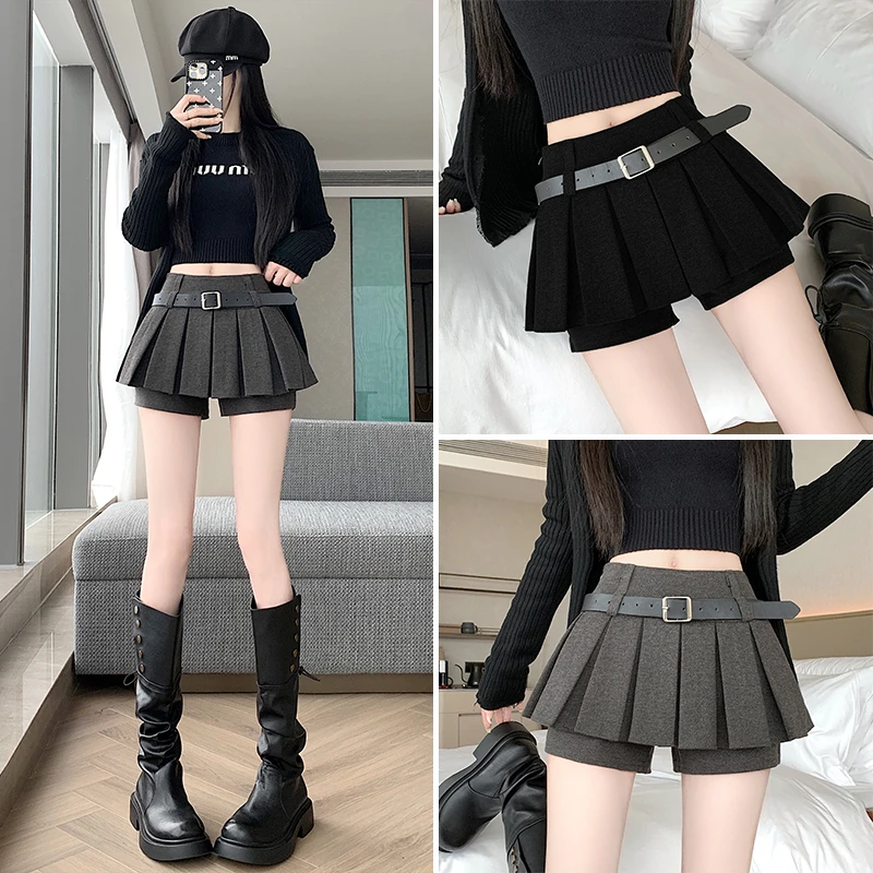 2025秋冬新款百褶毛呢半身裙裤高腰显瘦防走光黑色A字短裙子女装