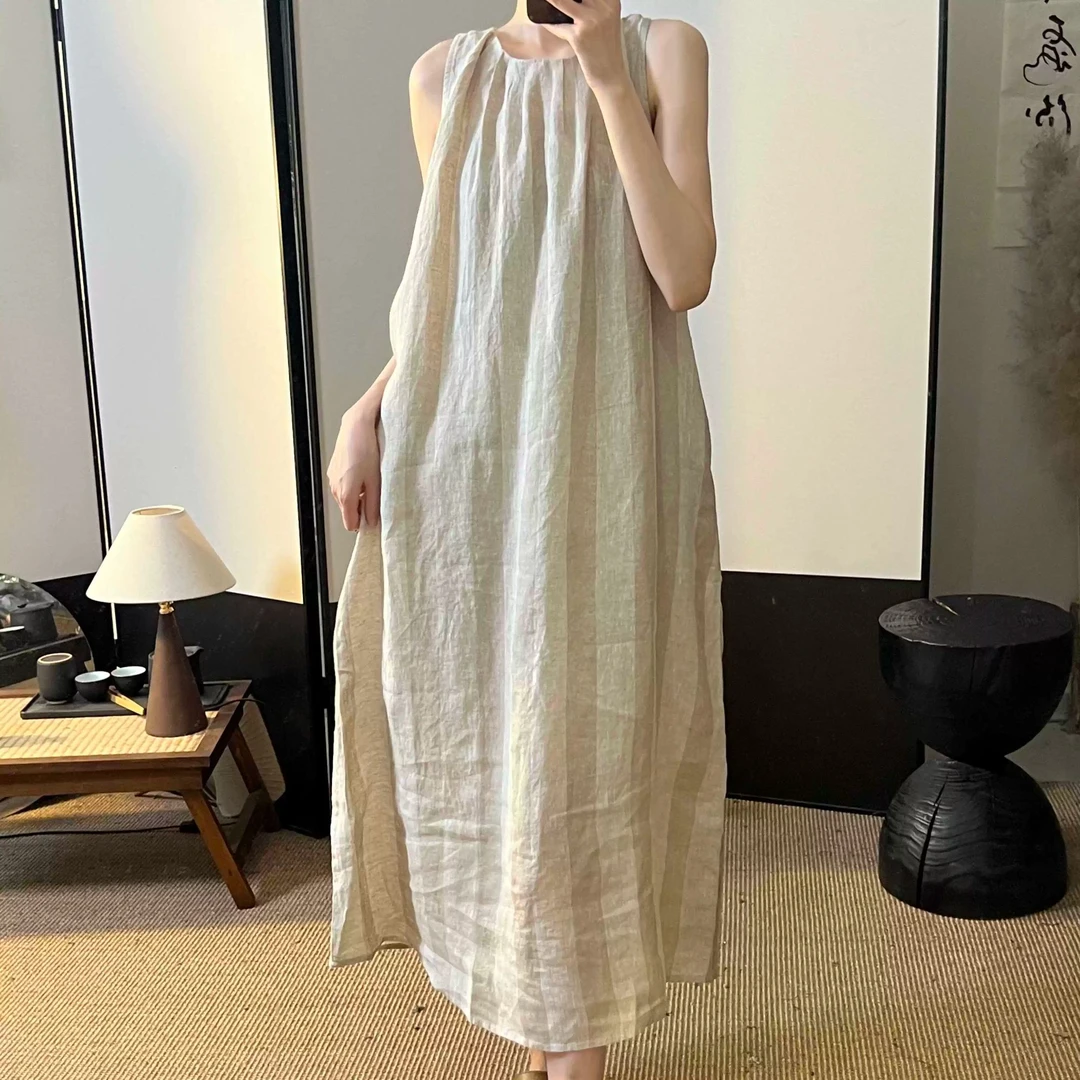 复古小众清新百搭文艺风条纹色织亚麻背心裙 衣长120 胸围118