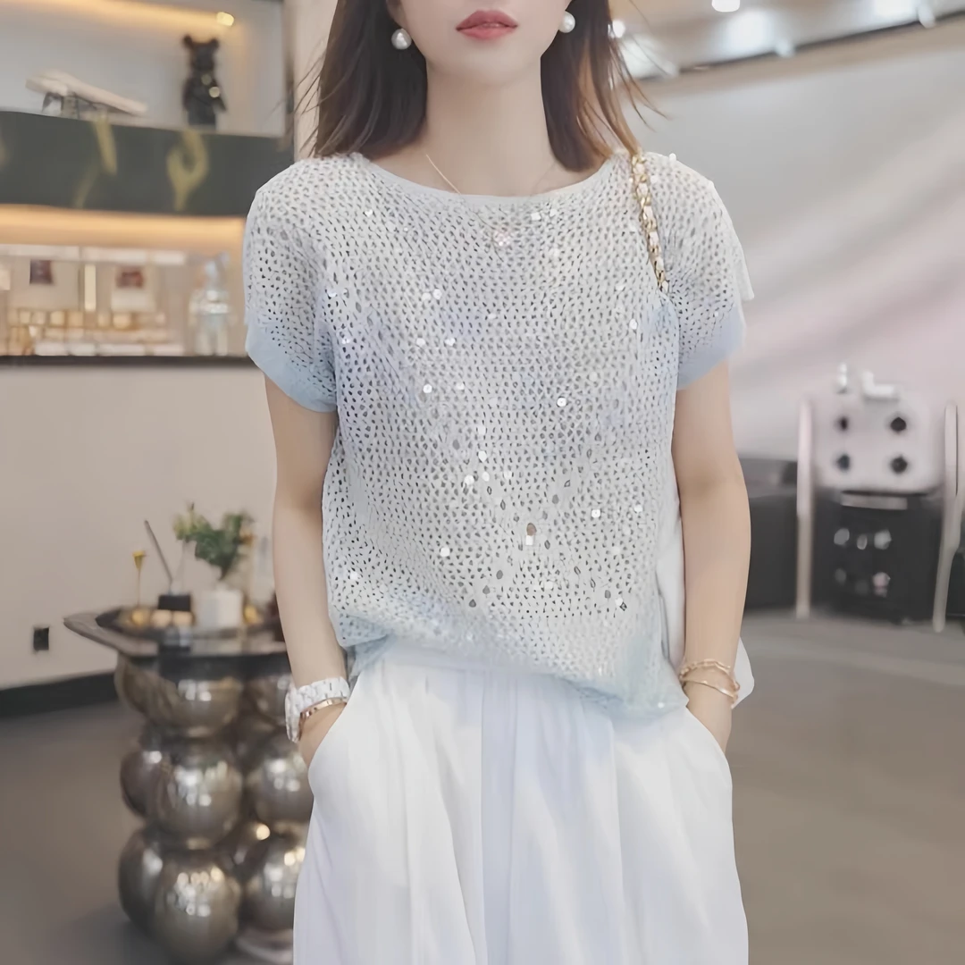 设计感重工亮片镂空冰丝针织衫夏季新款圆领宽松短袖t恤显瘦上衣