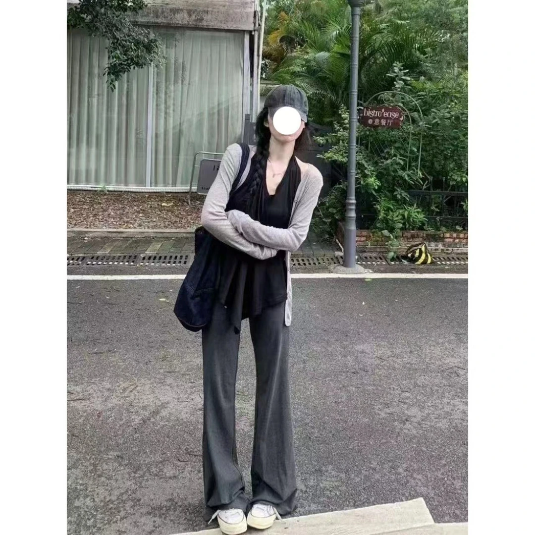 3036夏季纯欲挂脖防晒罩衫搭配吊带背心与微喇休闲裤套装