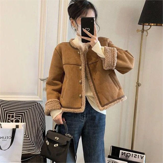 皮毛一体外套女2025冬新款韩版宽松小个子短款加绒加厚羊羔毛外套