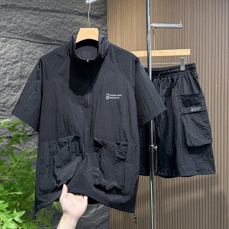 大码男装夏季休闲立领休闲运动套装时尚黑色薄款短裤短袖