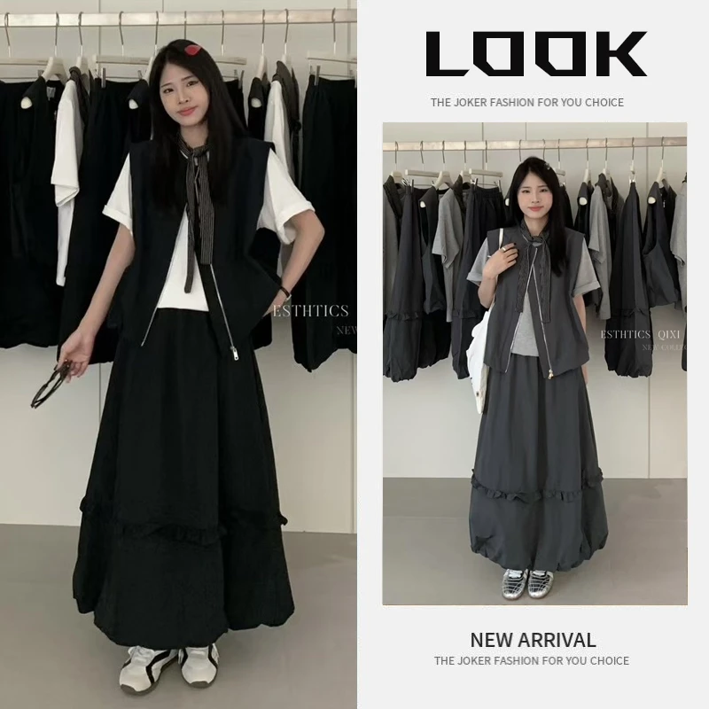 流行穿搭一整套女2025新款休闲盐系宽松时尚马甲短袖半身裙三件套