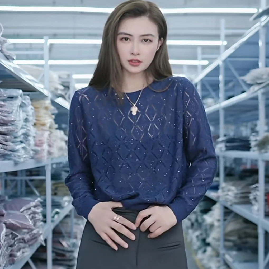 【例畔精选】春秋季轻奢时尚气质百搭菱格镂空提花亮片针织衫A704#