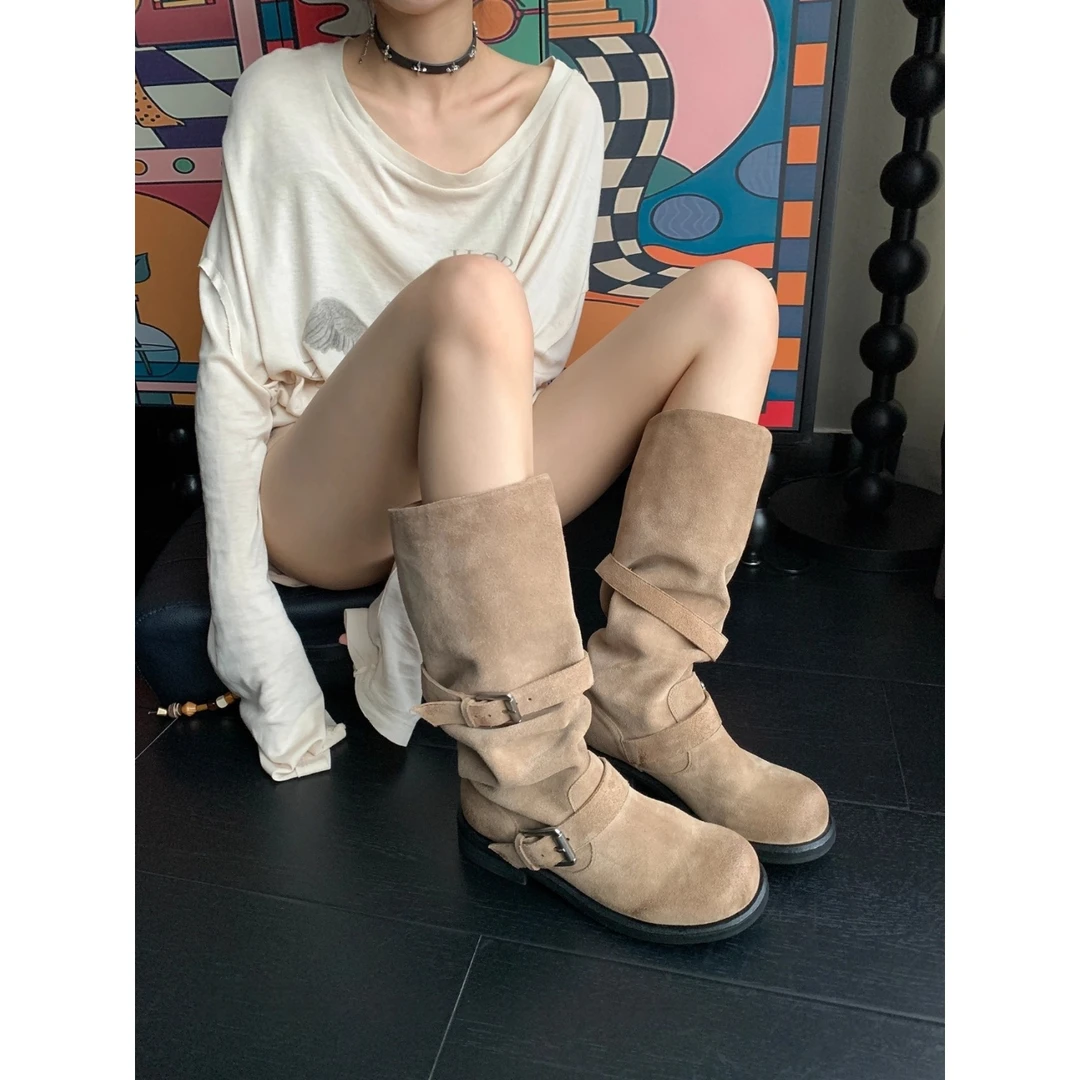 小众设计感废土风西部堆堆靴女大筒围2025年新款褶皱皮带扣中筒靴