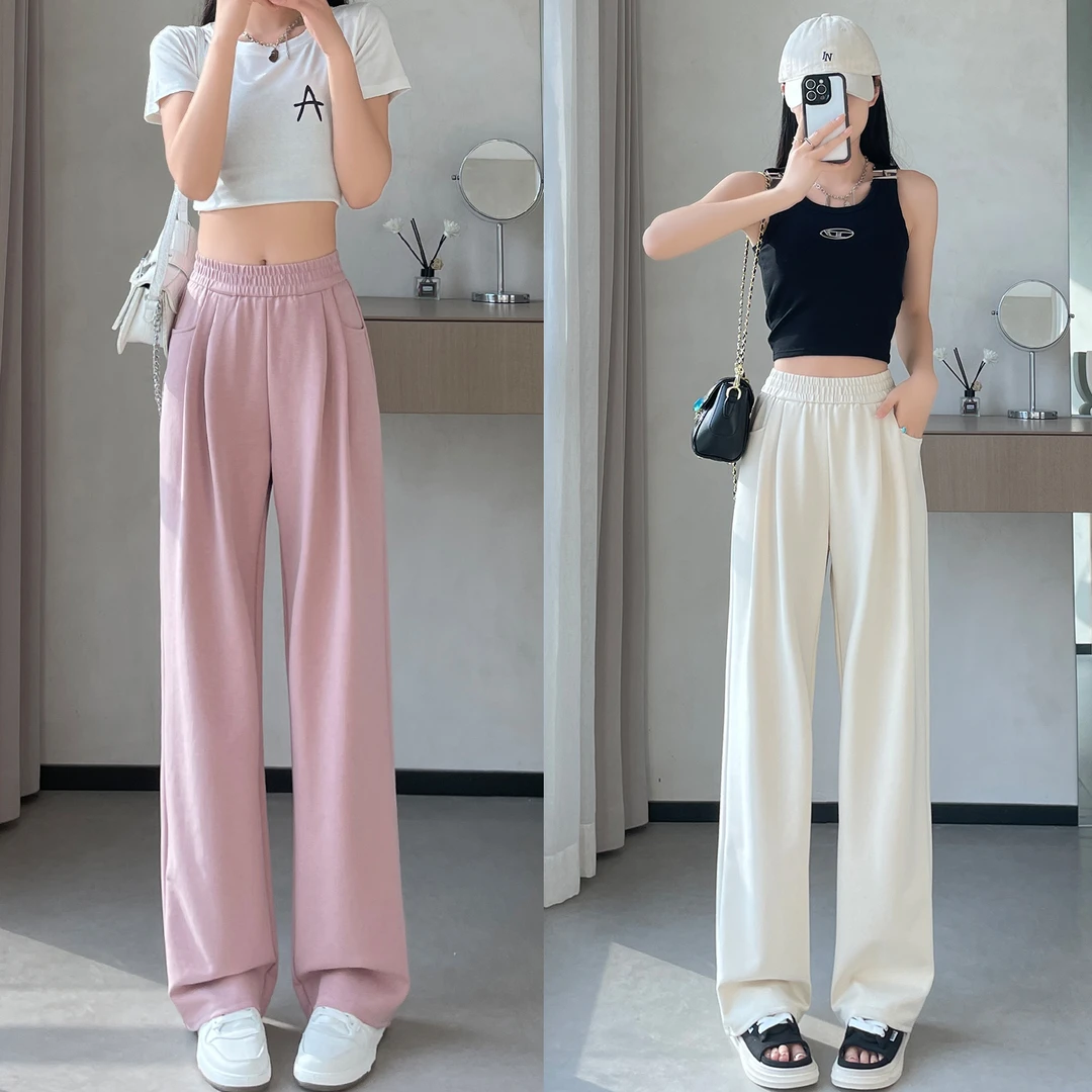 小个子冰丝窄版垂感阔腿休闲裤女夏季薄款慵懒宽松显瘦高腰直筒裤