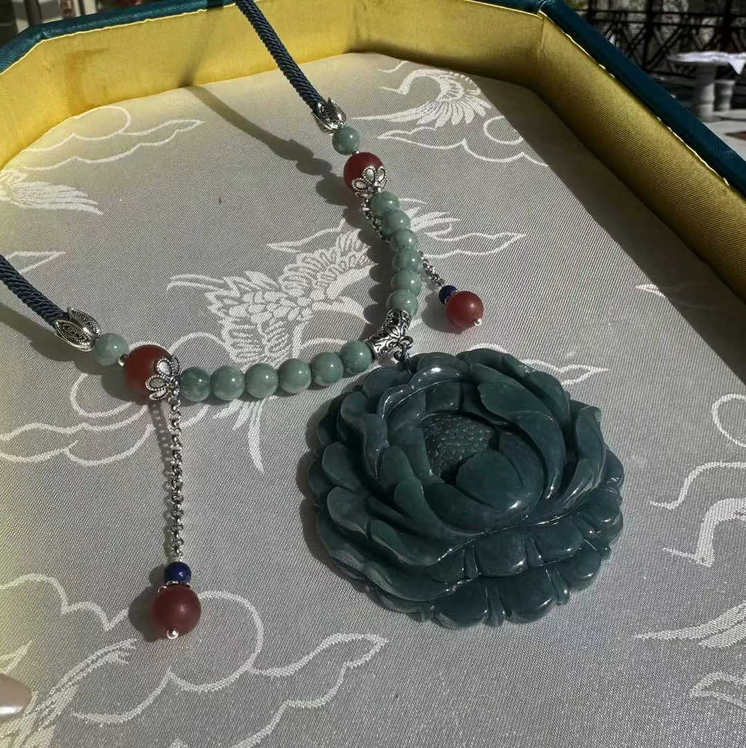 古风长款牡丹璎珞 天然A蓝水翡翠手工雕刻原创设计 毛衣链