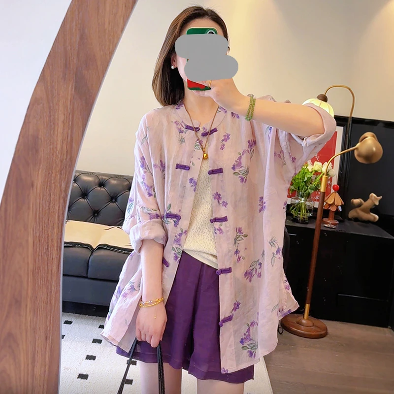 新中式国风碎花盘扣防晒衬衫短裤两件套2025禅意夏日漂亮小套装女