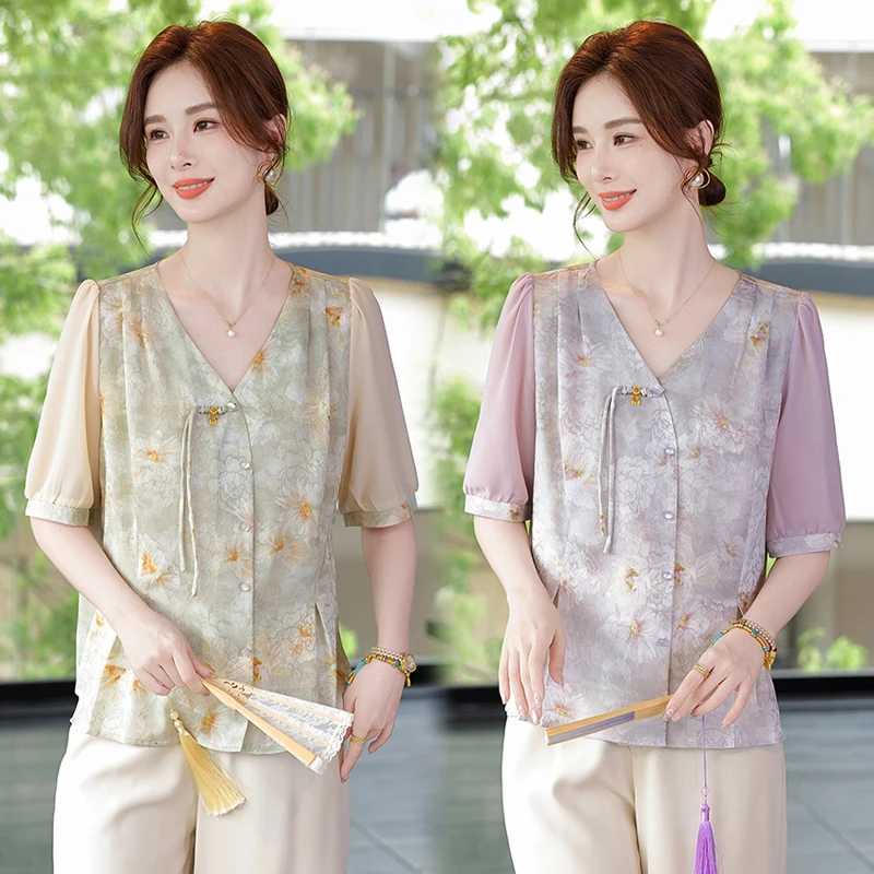 母亲节妈妈装夏季短袖T恤上衣2025新款中老年女装洋气V领小衫套装