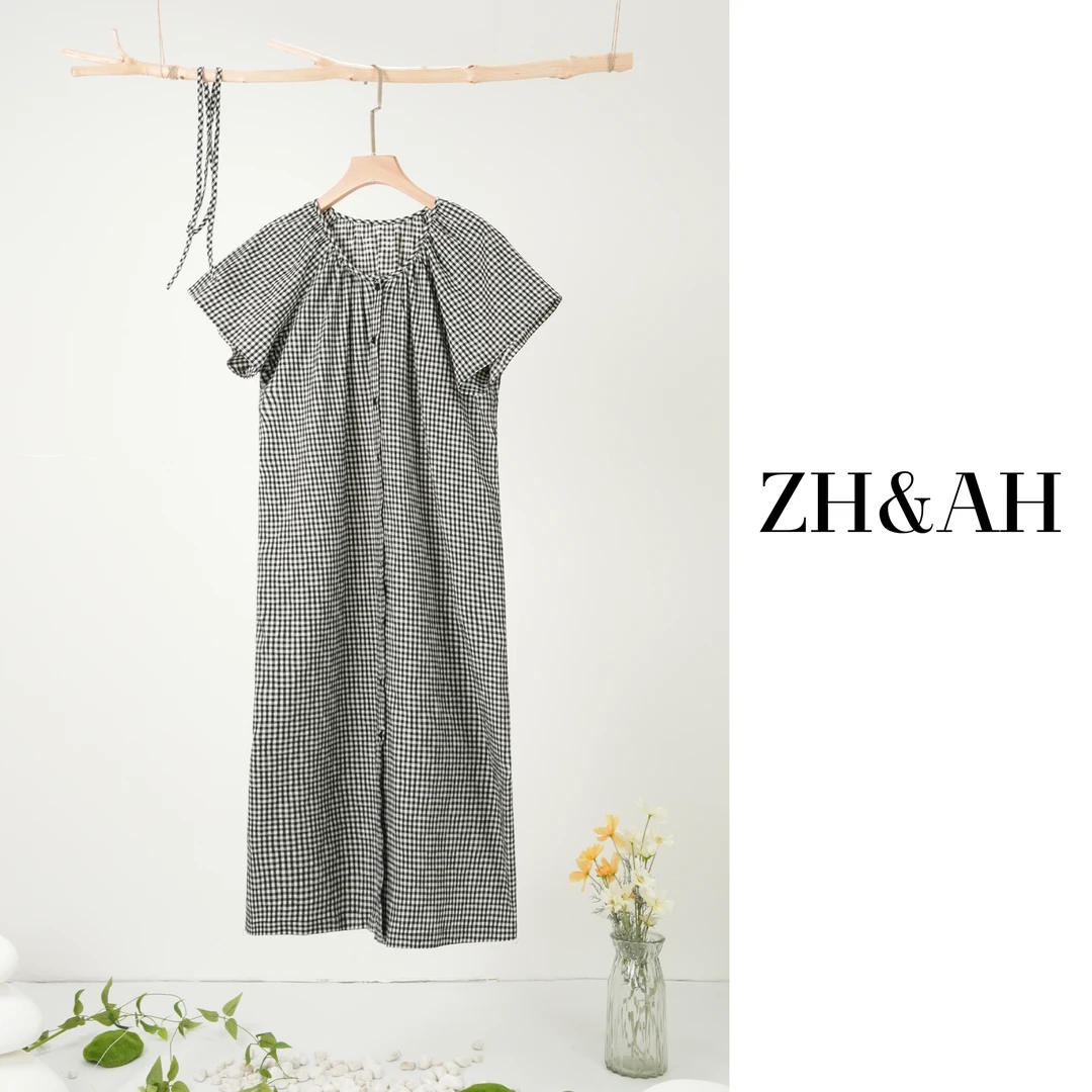 ZH&AH【慢生活】夏季新款时尚气质百搭设计孕期通勤纯棉格子连衣裙