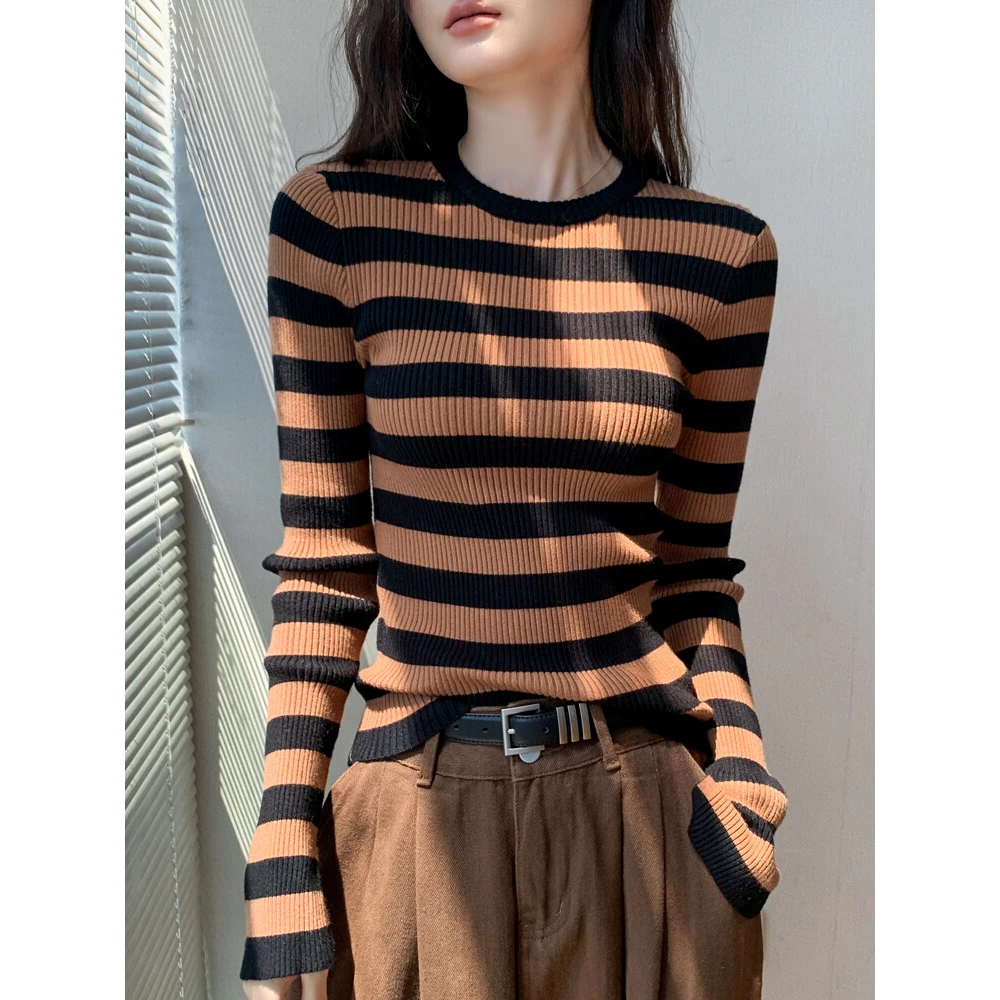 就是这个时髦范！条纹长袖针织衫女秋季新款修身别致高级感打底衫