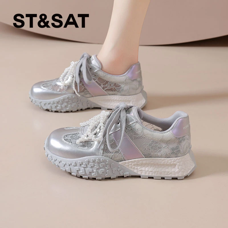 星期六透气德训鞋女士2025夏季显脚小休闲鞋蕾丝小个子网红运动鞋