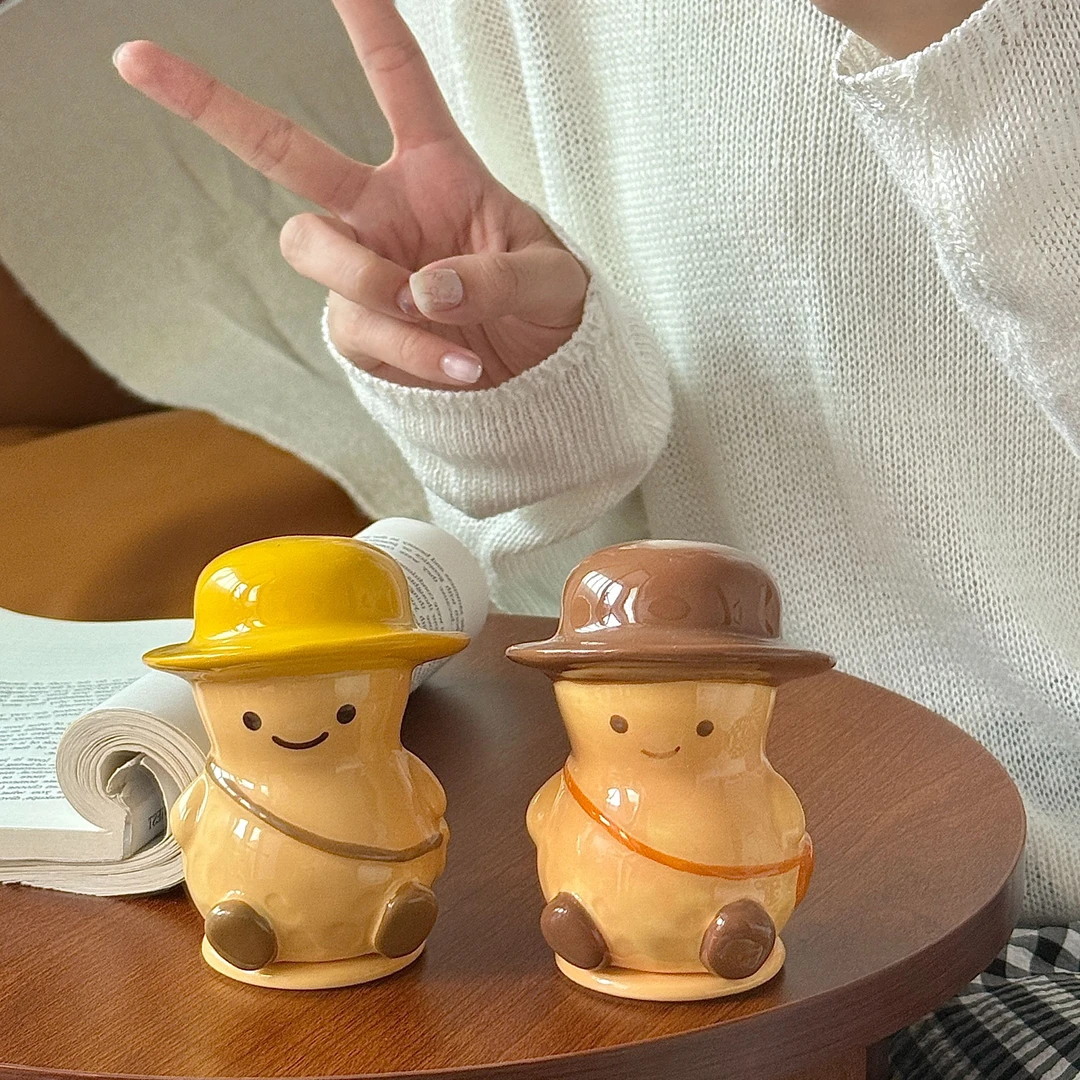 卡通创意花生陶瓷牙线收纳罐可爱家用便携牙签盒高颜值牙签盒摆件