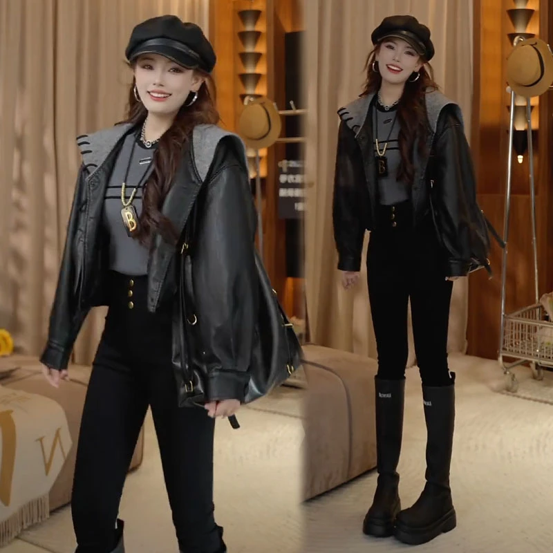 皮衣短外套女2025秋季新款时髦洋气宽松显瘦海军领休闲PU皮夹克潮