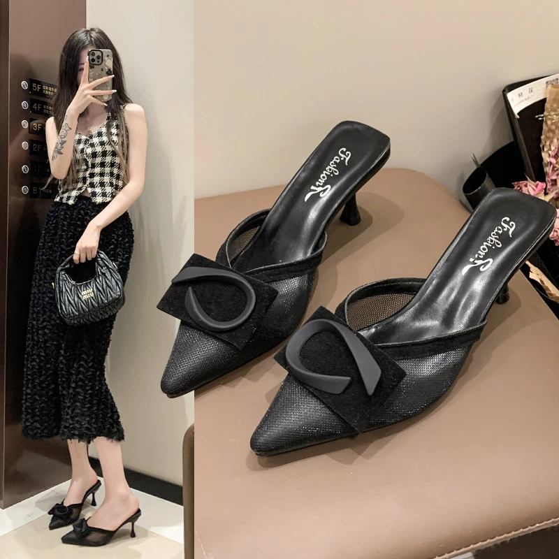 2025春夏季新款休闲镂空网纱面尖头女士高跟鞋外穿包头半拖鞋女夏
