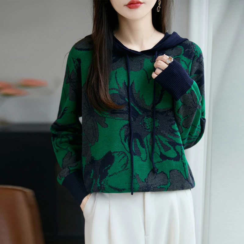 品牌女装正品女款2025秋冬新款连帽针织衫百搭宽松长袖针织上衣