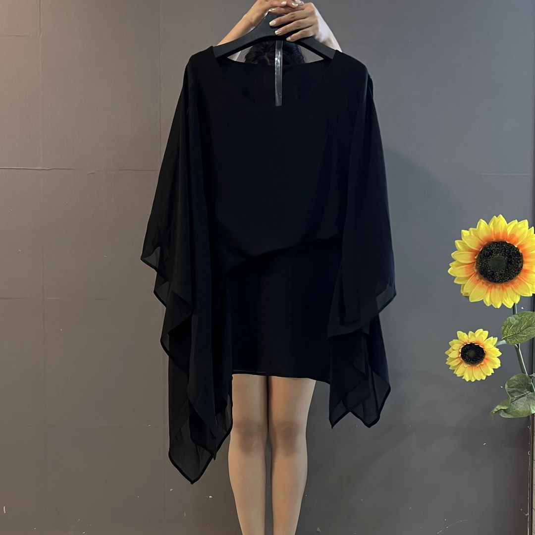 新款大码女装设计感宽松圆领不规则薄纱遮肚显瘦时尚大衫