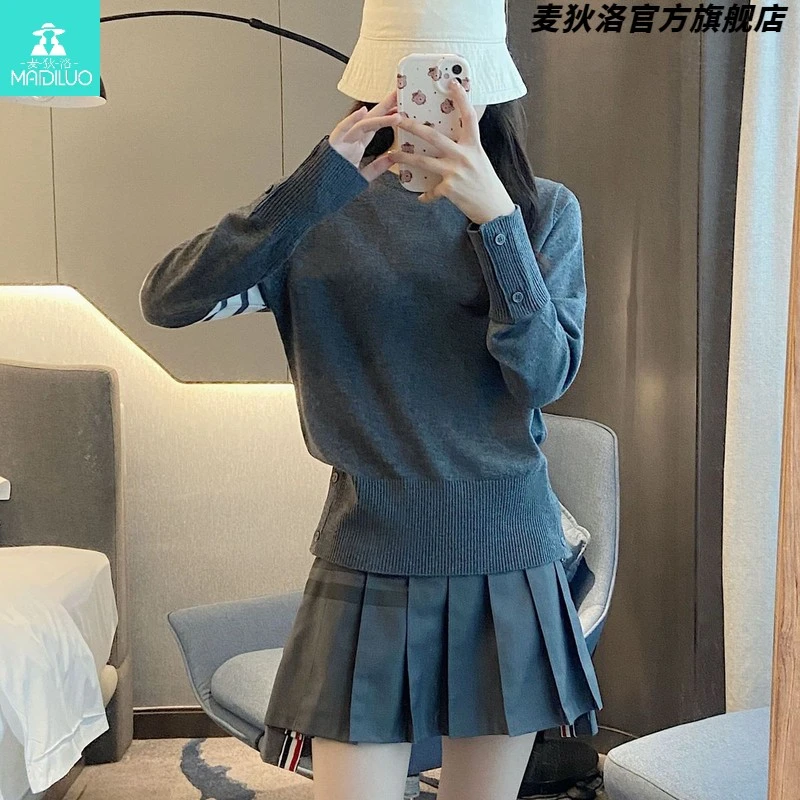春秋tb圆领套头针织衫四条杠显瘦长袖慵懒风打底衫女款毛衣