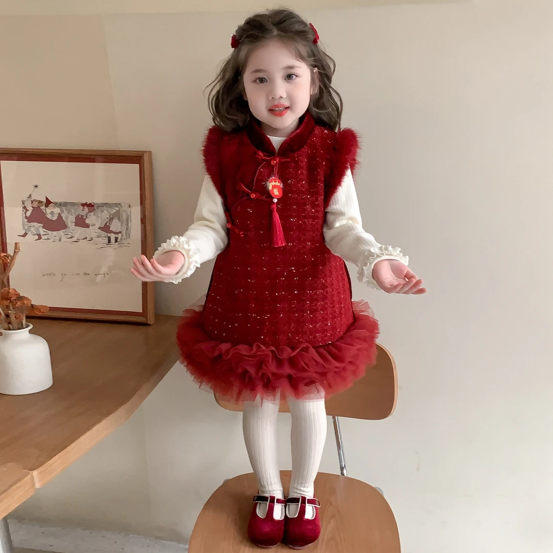 女童国风旗袍裙套装冬季新款宝宝汉服背心裙洋气儿童夹棉加厚裙子