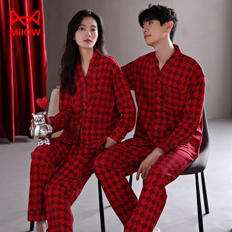 猫人结婚新婚情侣睡衣女士春秋季纯棉长袖开衫男款红色家居服套装